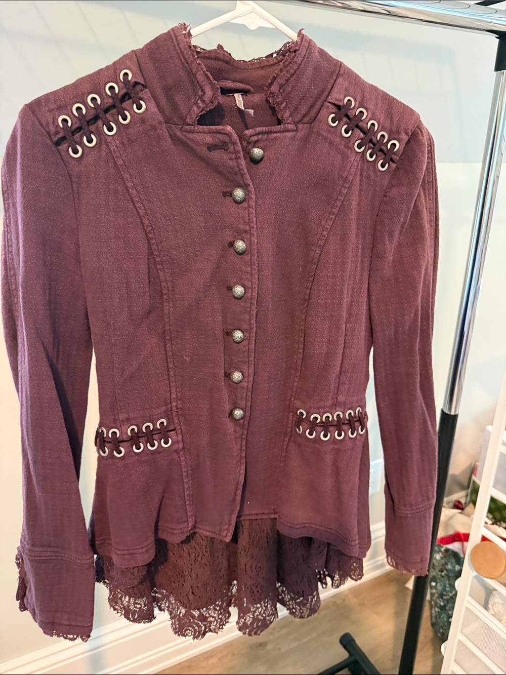 Free People Plum Lace-Hem Military-Style Blazer